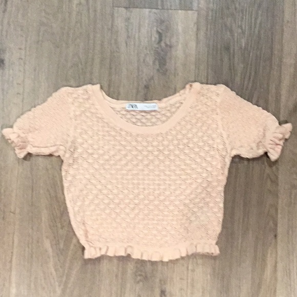 ZARA Textured Crop Ruffle Short Sleeve Sweater Top in Blush Pink sz S - EUC - Picture 7 of 11